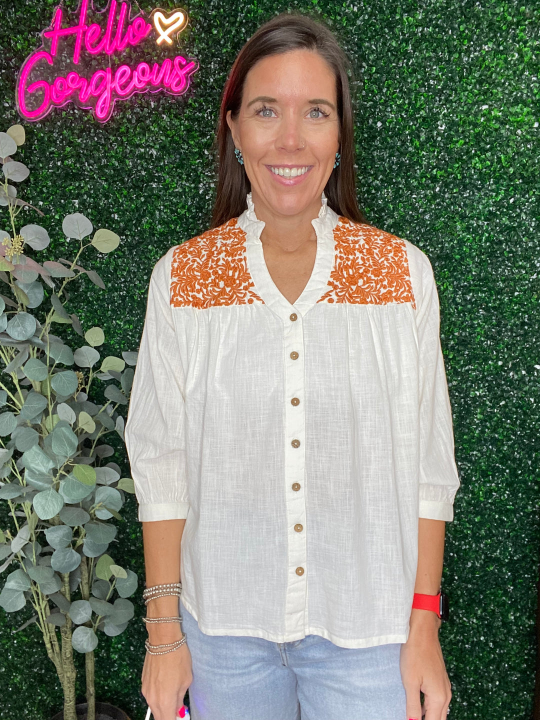 Jane Top in White/Burnt Orange