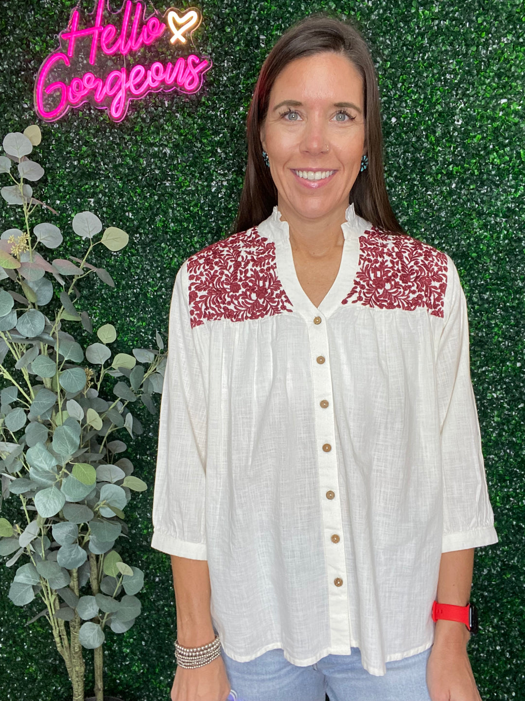 Jane Top in White/Maroon