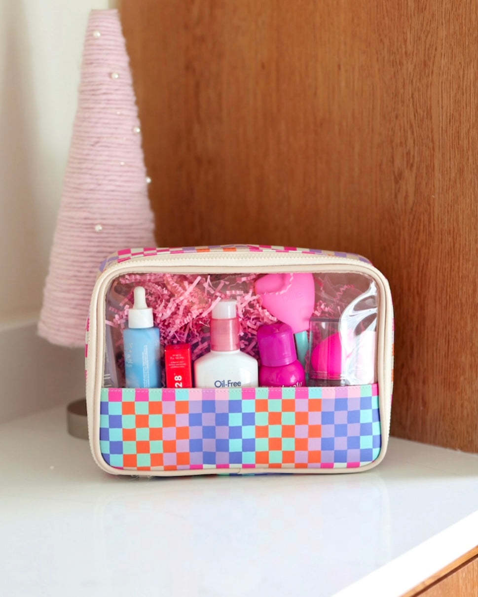 Happy Checkered Cosmetic Bag