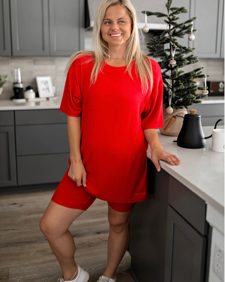 Ribbed Top/Biker Set in Red