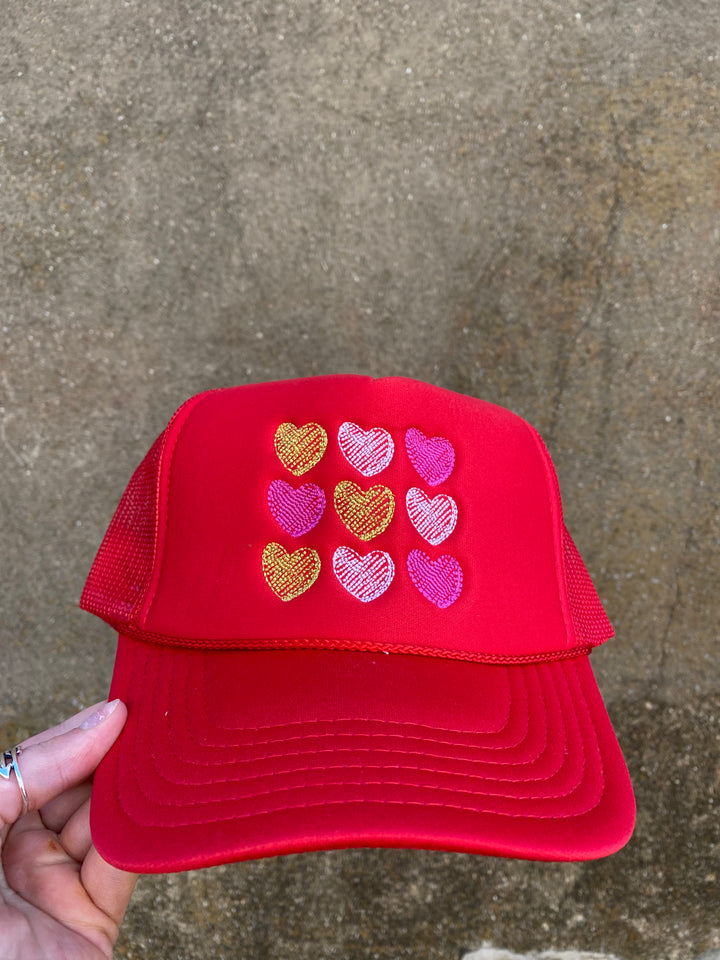 Hearts Embroidery Trucker Hat