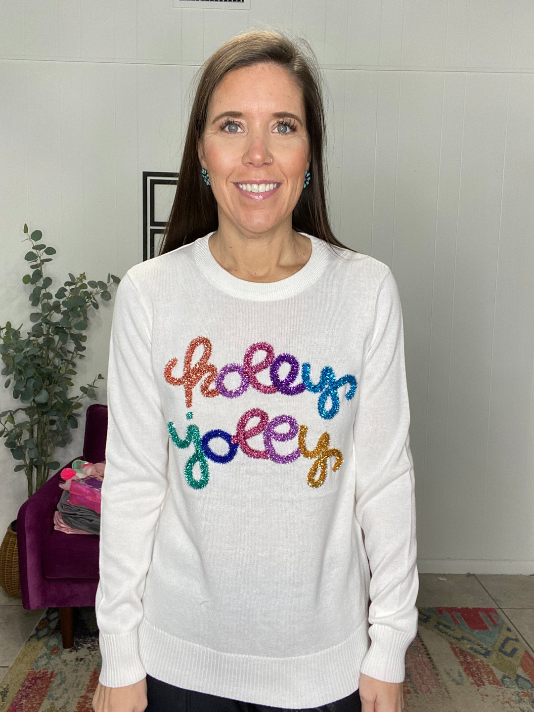 Holly Jolly Tinsel Sweater in Ivory