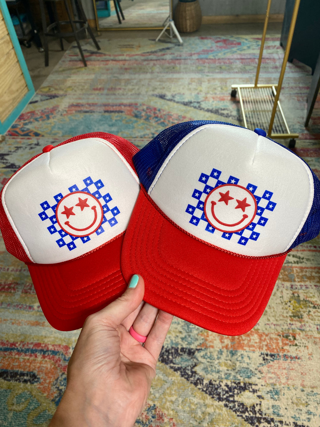 Happy Checkered Trucker Hat